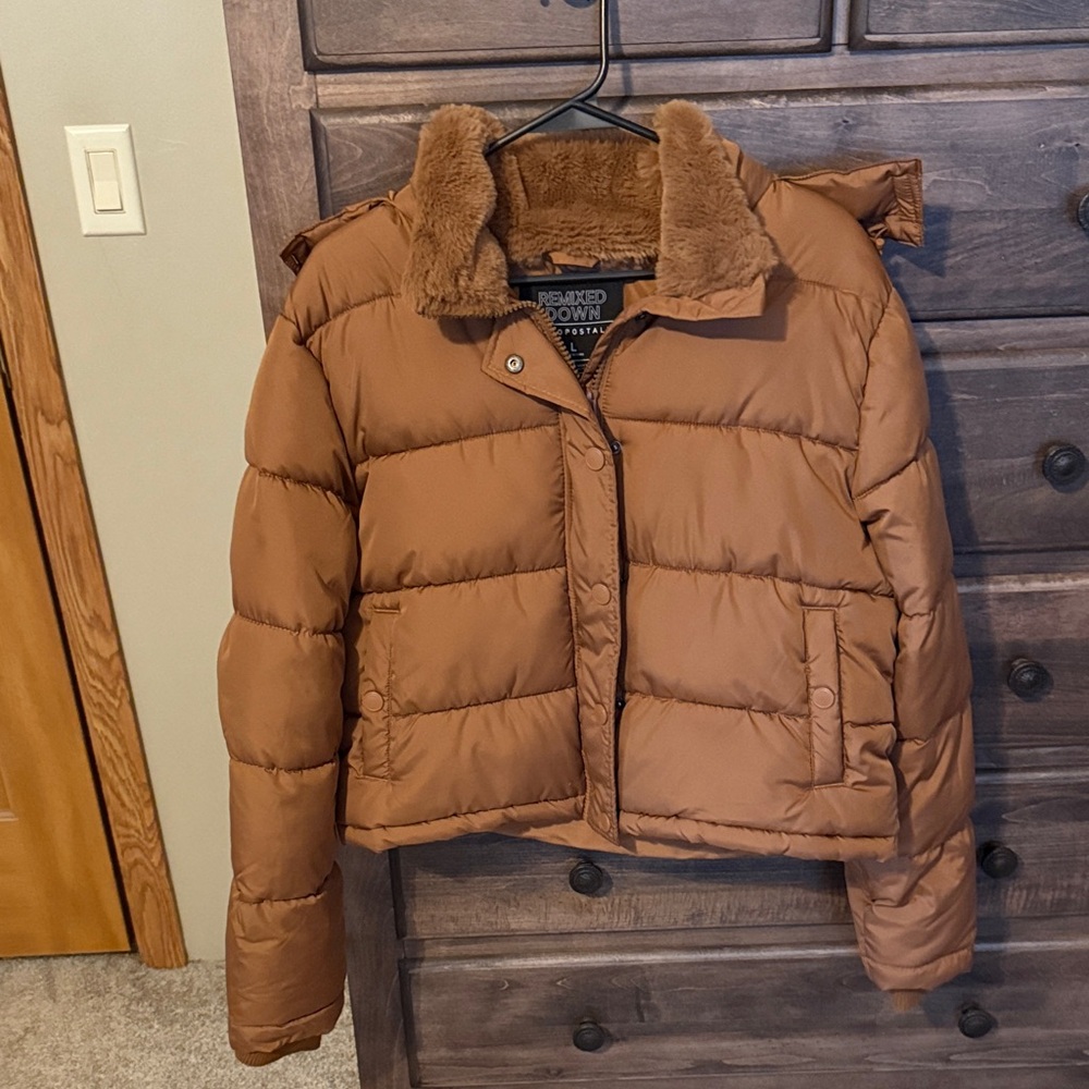 Aeropostale Tan Puffer Jacket with Fur Collar